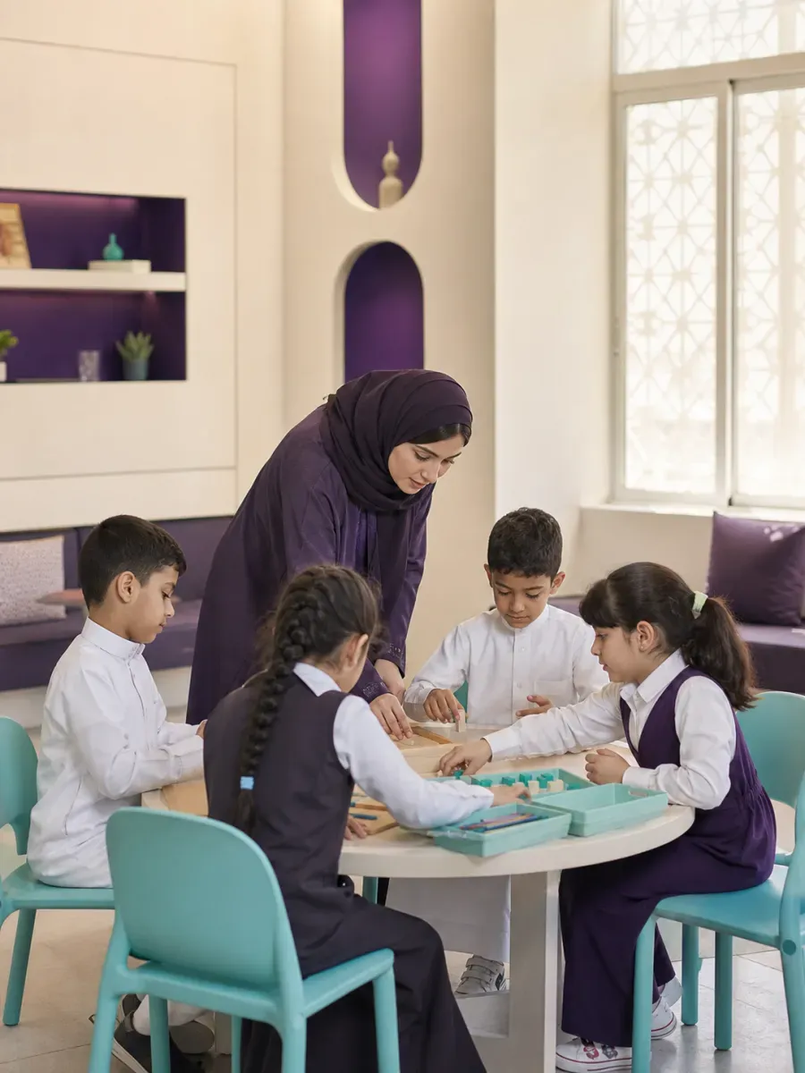 A Saudi teacher leads students in a learning activity inside a modern classroom