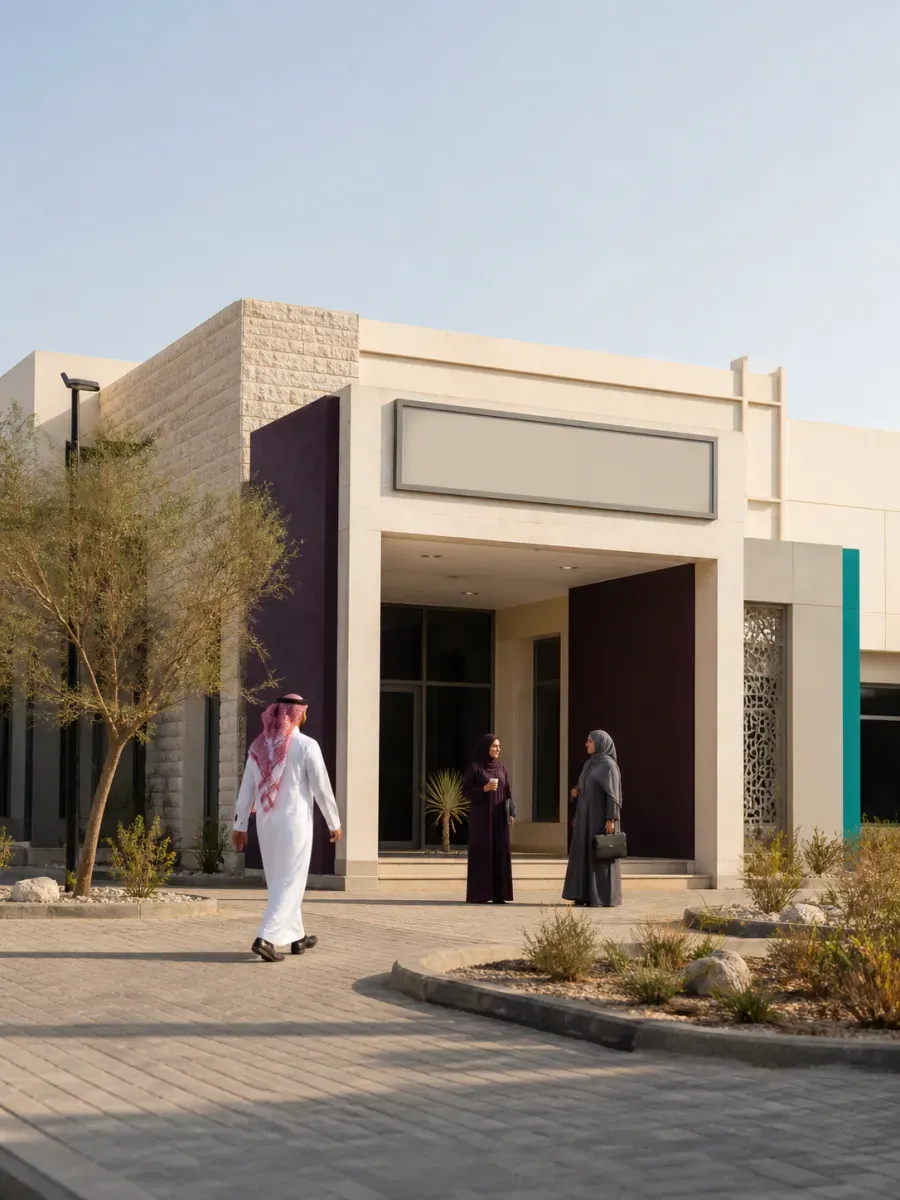 A modern Saudi facility exterior with staff near the entrance