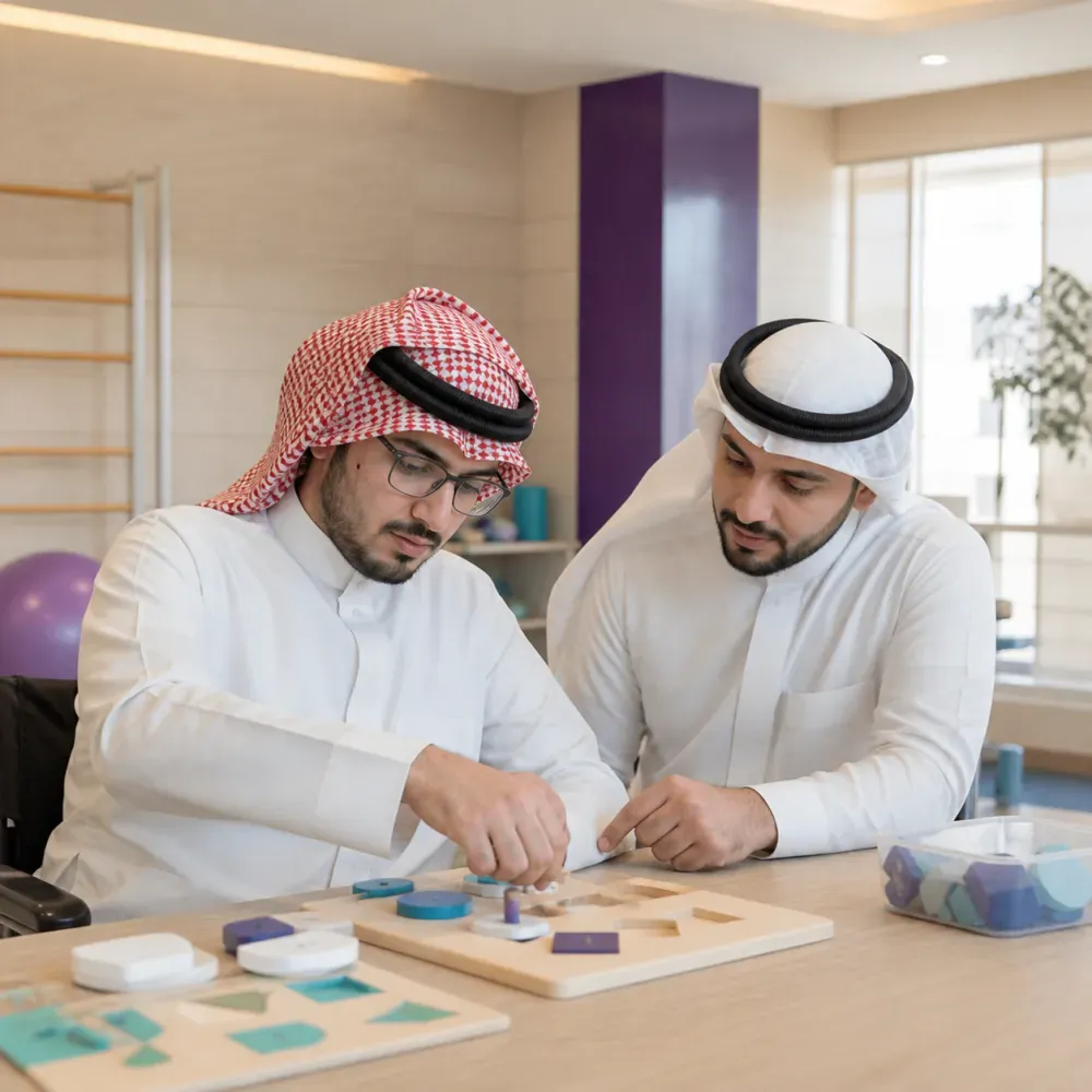 A specialist supports an adult trainee during a skills-development session in a modern rehabilitation center
